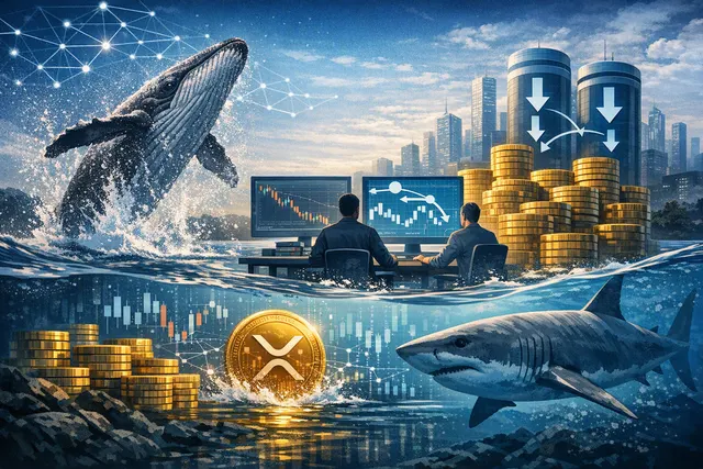 XRP cryptocurrency chart and on-chain data visualization showing whale withdrawal patterns and exchange supply ratio