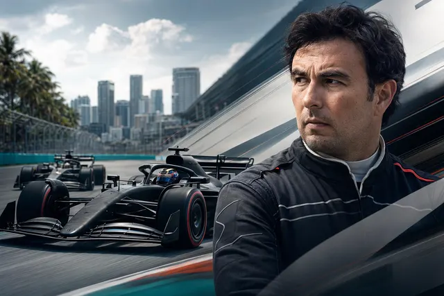 AI-generated editorial illustration of a Cadillac Formula 1 car on track, representing Sergio Perez’s 2026 debut-season challenge.