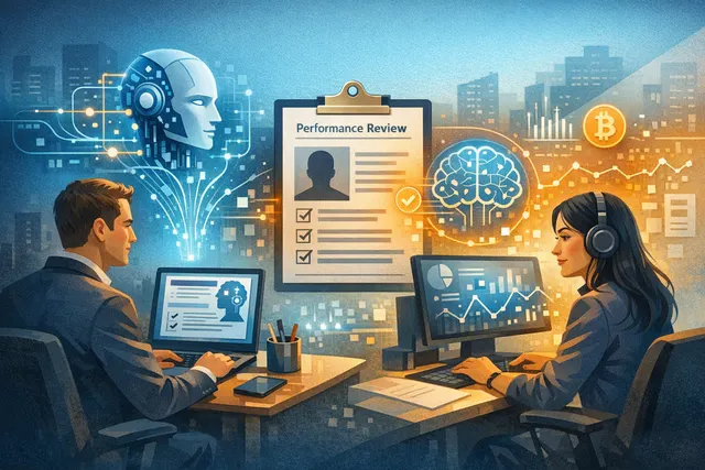 AI-driven performance review dashboard grading crypto and fintech employees on their AI usage metrics