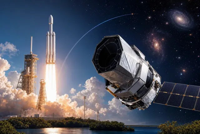 Editorial illustration of NASA’s Nancy Grace Roman Space Telescope in space