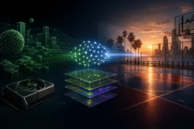 Editorial illustration of Nvidia DLSS 5 3D-Guided Neural Rendering and GeForce RTX graphics hardware