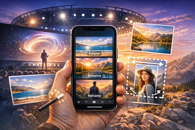Conceptual illustration of Apple AI photo editing tools Extend, Reframe, and Clean Up in iOS 27 Photos app