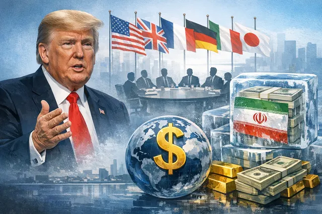 President Trump speaking at the G7 summit in France, with world leaders and a backdrop of the summit venue, conveying the diplomatic and financial stakes of the US-Iran preliminary