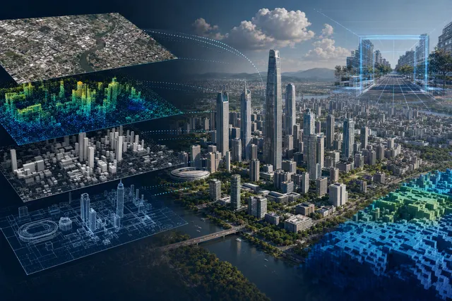 Illustration of a generative 3D city environment representing Amap ABot-Earth 0.7