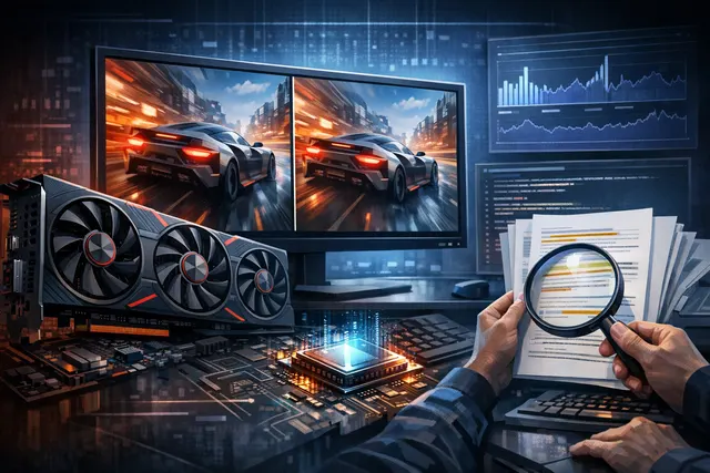 Close-up of a Radeon RX graphics card on a dark background with red LED lighting, symbolizing the hidden multi-frame generation discovery in AMD's driver code.