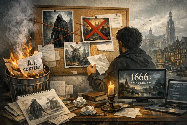 Editorial illustration representing the generative-AI controversy surrounding 1666: Amsterdam