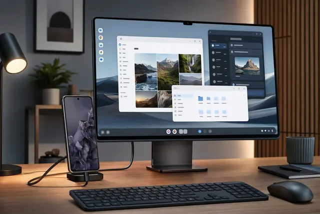 Illustration of a Pixel phone connected to a monitor for Android Desktop Mode