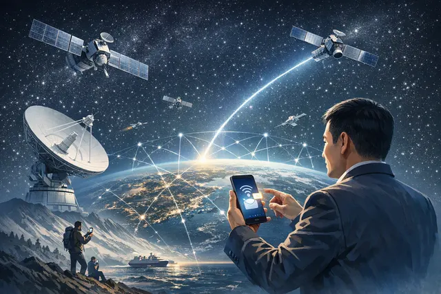 Illustration of a Huawei smartphone and smartwatch connecting to satellites and terrestrial mobile networks