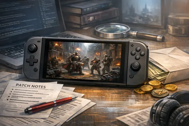 Warhammer 40,000: Rogue Trader - a space marine in tactical armor aims a bolter against a dark Warhammer 40K backdrop, representing the CRPG's Switch 2 update and apology compensat