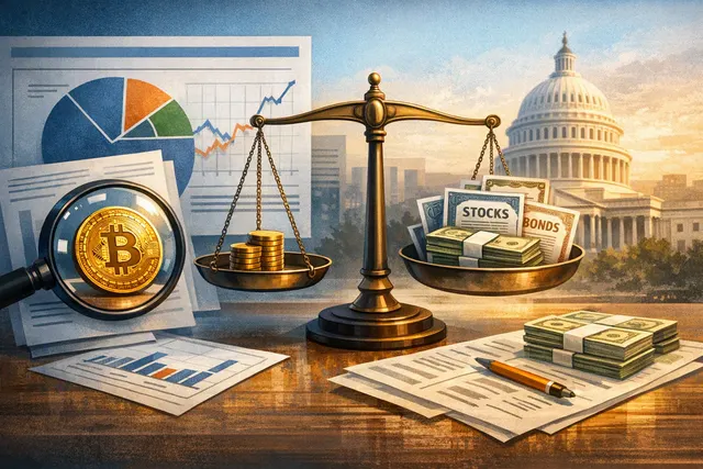 Bitcoin represented as a small allocation within a diversified 60/40 investment portfolio