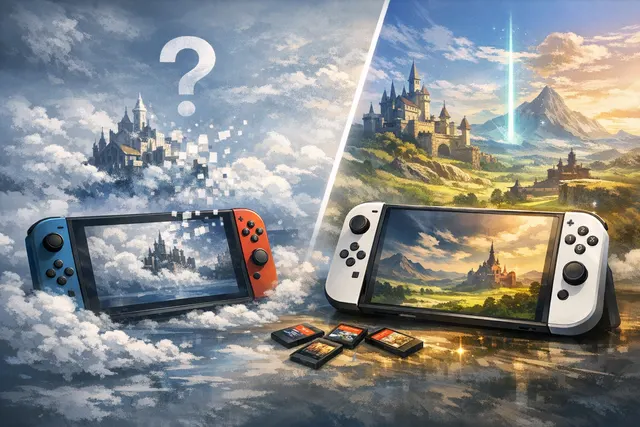 Nintendo Switch console transitioning from cloud icons to an offline, native gameplay environment with Kingdom Hearts characters