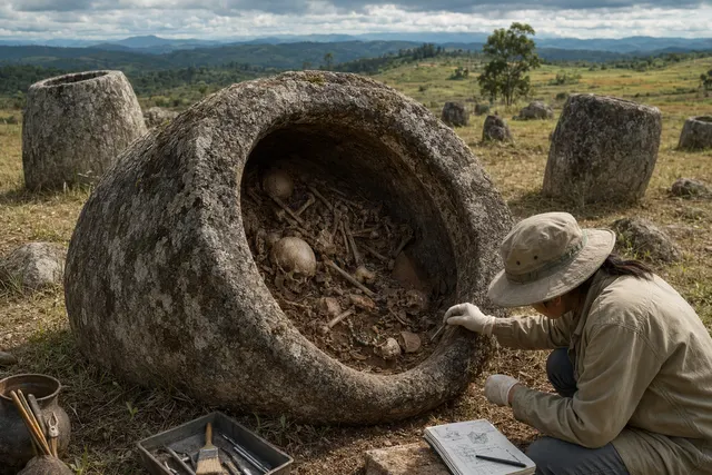 Illustration of a giant stone jar burial at the Plain of Jars in Laos containing human bones