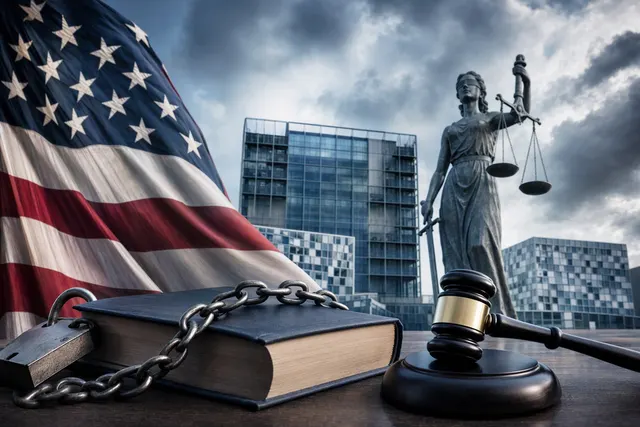 Editorial illustration accompanying an article about U.S. sanctions targeting the International Criminal Court