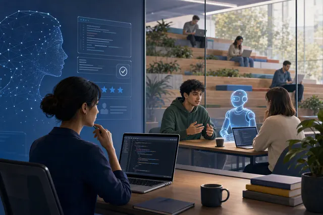 Illustration of a software engineer using an AI assistant during a coding interview