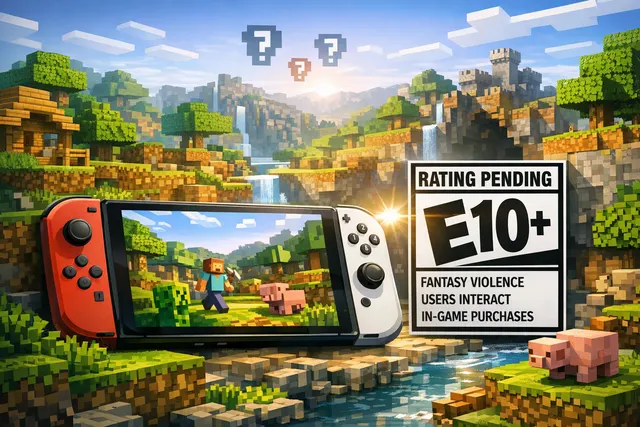 A stylized Minecraft world rendered on a futuristic Nintendo Switch 2, symbolizing the leap from backwards compatibility to a powerful native port.