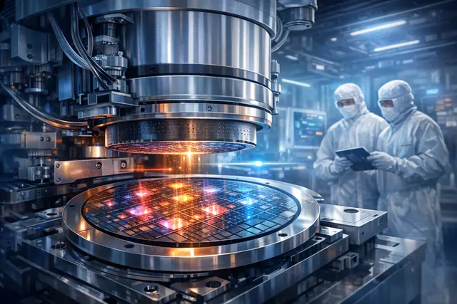 Nanoimprint lithography process stamping a nanoscale circuit pattern onto a photonic chip wafer, illustrating Prinano's cost-saving manufacturing breakthrough.