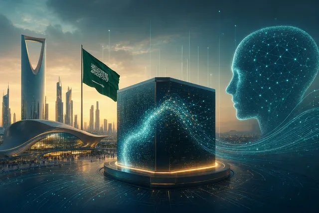 Editorial illustration of HUMAIN’s Arabic AI model launch in Riyadh