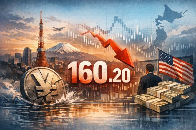 Illustration of the Japanese yen weakening against the U.S. dollar near the ¥160-per-dollar level