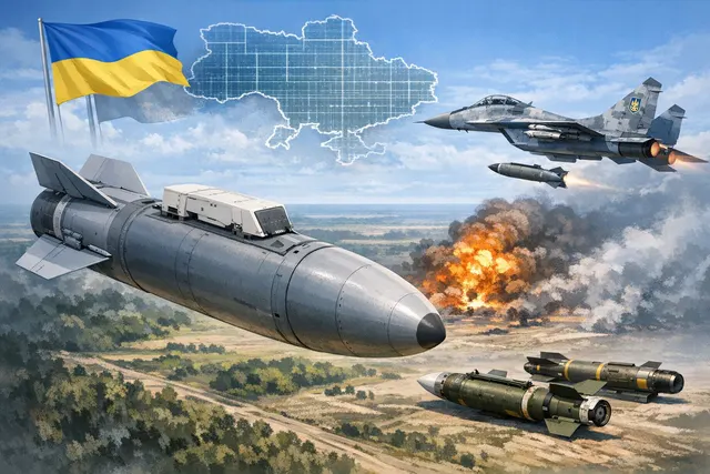 Ukraine's Vyrivniuvach guided glide bomb concept showing a winged munition against a dark strategic backdrop