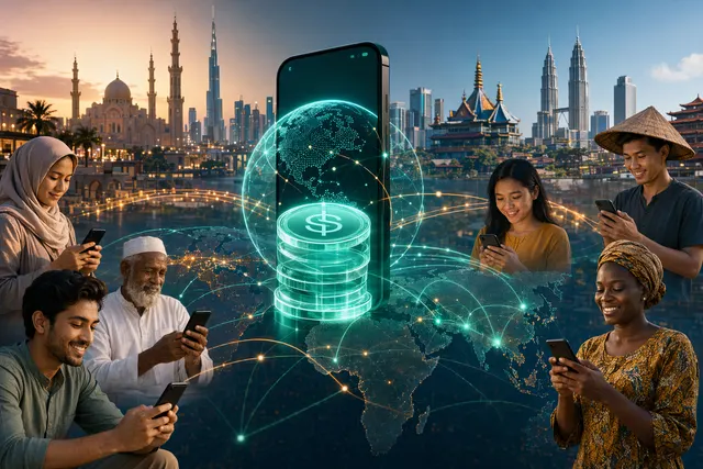 Illustration representing a stablecoin-powered digital banking network expanding across emerging markets