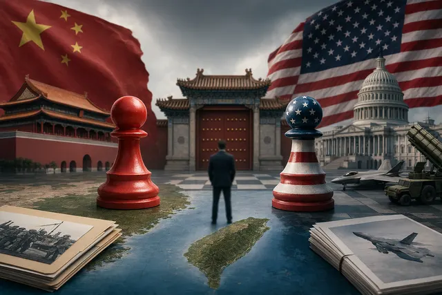 Illustration representing geopolitical tensions between the United States, China, and Taiwan over a proposed arms deal