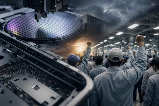 Illustration representing semiconductor factory workers and rising labor tensions in the chip industry