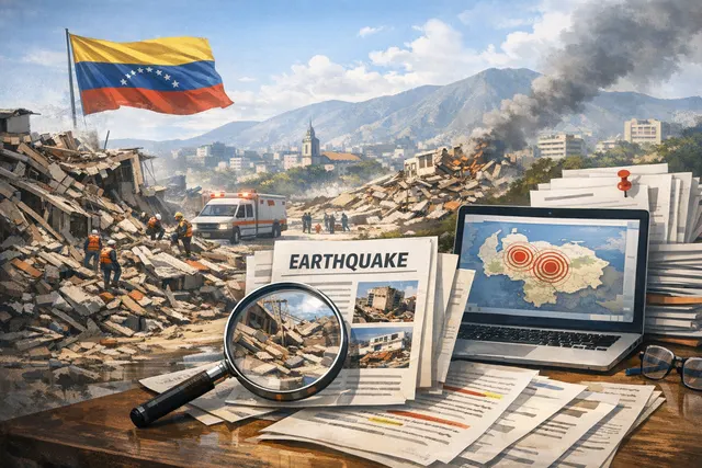 AI-generated editorial hero image depicting search and rescue teams and devastated buildings after the 2026 Venezuela twin earthquakes.
