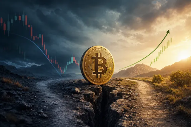 Editorial illustration of Bitcoin market analysis and a potential cycle low