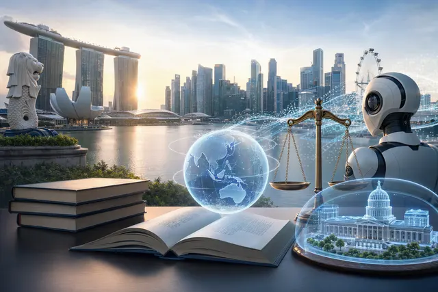 AI-generated editorial illustration for an article about Singapore reviewing safeguards for autonomous AI agents