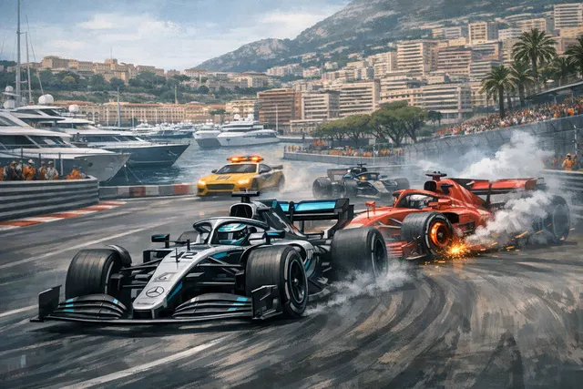 Charles Leclerc standing next to his crashed Ferrari SF-26 at the 2026 Monaco Grand Prix, expressing frustration after a brake failure