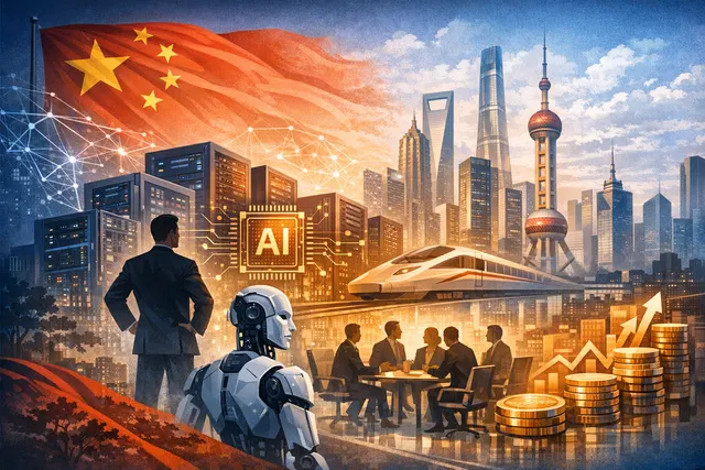 A conceptual visualization of China’s AI industry consolidation, with competing tech logos converging on a network of interconnected enterprise nodes and factory floors.