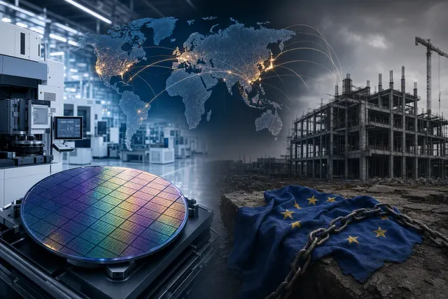 Editorial illustration of Europe’s semiconductor manufacturing challenge amid the AI chip boom