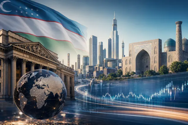 Illustration of Uzbekistan’s National Investment Fund global IPO linking London and Tashkent stock exchanges