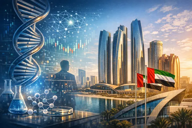 Illustration representing Insilico Medicine's potential secondary listing on the Abu Dhabi Securities Exchange, showing a global financial and biotechnology concept.