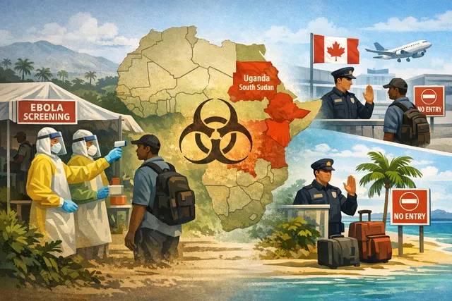 A split image contrasting Canada and the Bahamas with affected African regions, visualizing the new Ebola travel restrictions.