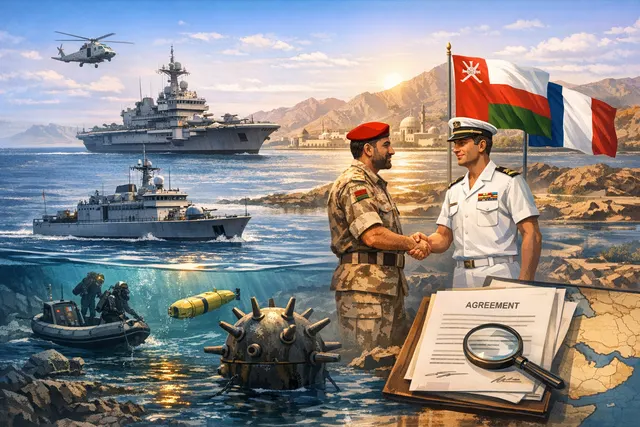 Illustration representing France's naval deployment to the Strait of Hormuz with warships and the Charles de Gaulle aircraft carrier in the Middle East.