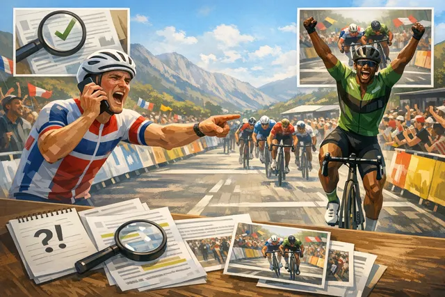 An AI-generated editorial image representing the 2026 Tour de France Stage 8 sprint controversy, featuring cyclists in a tight finish with barriers and a peloton scene.
