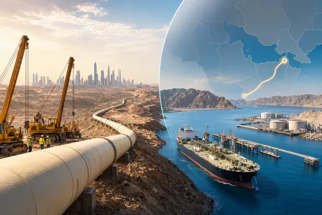 Illustration of an oil pipeline route bypassing the Strait of Hormuz toward Fujairah export terminal