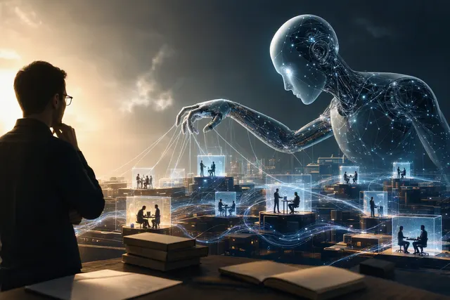 Editorial illustration of autonomous AI agents and enterprise control systems