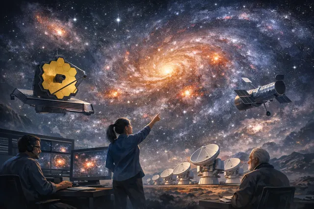 Composite illustration of a spiral galaxy with glowing star-forming regions, representing the PHANGS survey's study of how young stars shape their host galaxies
