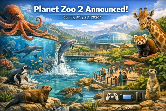 Planet Zoo 2 key art featuring new aquatic and flying animal species in a lush zoo environment