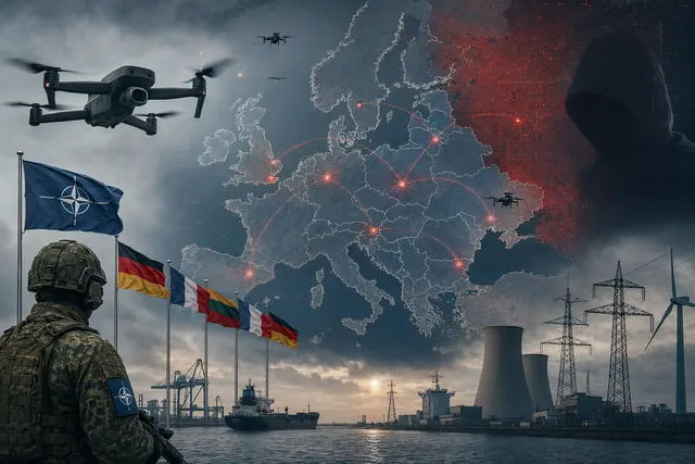 Illustration of a drone and airport infrastructure representing hybrid-security threats in Europe
