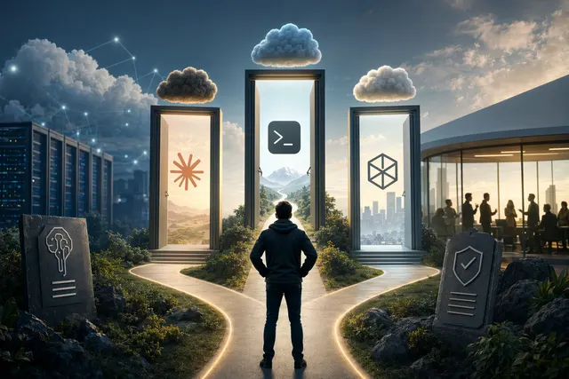 抽象的 AI 编程工作流示意图，表现亚马逊在 Kiro 之外纳入 Claude Code 和 Codex 的多工具选择