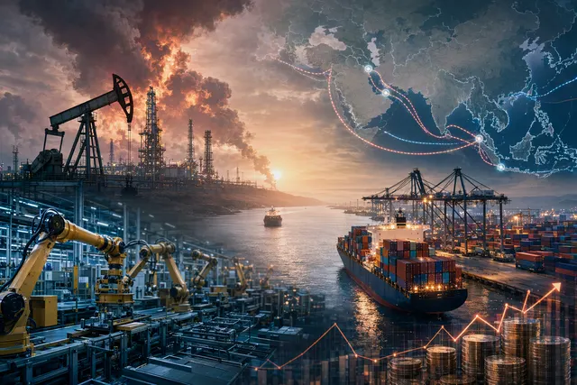 貨櫃船、油輪同亞洲工廠交錯，象徵中東戰爭對能源與供應鏈的衝擊