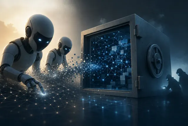 Editorial illustration of AI agents and cybersecurity risks involving OpenAI and Hugging Face