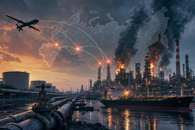 Editorial illustration of Russian oil infrastructure affected by drone strikes