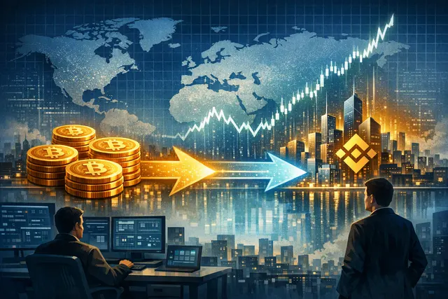 Editorial illustration of Bitcoin transfers from Wintermute and Jump Crypto to Binance during a market rally