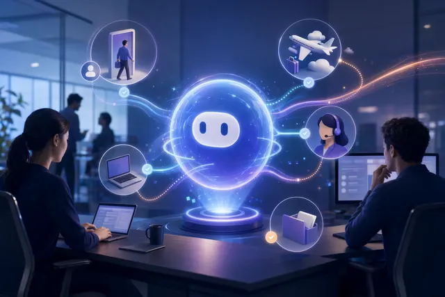 Concept illustration of AI agents automating enterprise workflows such as IT support, onboarding, and travel management inside a unified platform