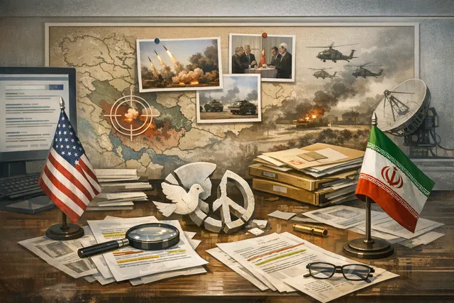 An AI-generated editorial illustration of the Strait of Hormuz, with a naval ship and an oil tanker under a dramatic sky, representing the collapse of the U.S.-Iran ceasefire and t