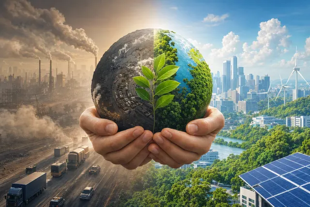 Illustration representing integrated climate and clean-air action across cities, energy and transport